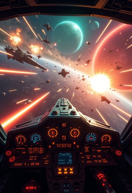 A first-person view from the cockpit of a spaceship during a massive intergalactic space war. The spaceship’s control panels are flickering with warning lights as lasers and missiles fly across the chaotic scene outside. Fiery explosions illuminate the darkness of space, lighting up the interior of the cockpit in flashes. Enemy ships zoom by, firing in all directions, while massive capital ships exchange heavy artillery in the distance. The background reveals a breathtaking view of outer space with colorful nebulae, vibrant planets, and distant stars. Amidst the action, two large planets, one glowing red and the other teal, dominate the background. A massive glowing sun looms far away, casting a faint light across the battlefield. Bright, chaotic streaks of laser fire criss-cross between fleets of ships, adding to the intensity. The overall tone is fast-paced and high-energy, with explosions and streaks of light constantly in motion, creating an overwhelming sense of a galactic war in full swing.
Dramatic and dynamic scene, colorful space on background, war action with spaceships.