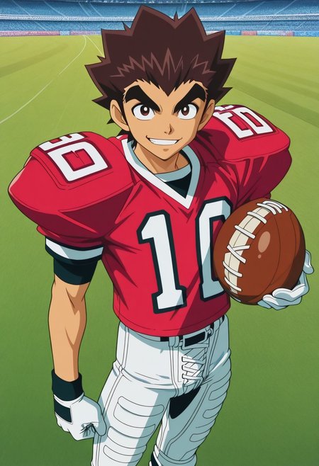 Yaoi figure PVC, PVC boy, PVC texture, male, High Quality, perfect anatomy, HD, anime style, break
TAROU RAIMON, 1boy, alone, brown hair,  thick eyebrows, dark brown eyes, athletic build, smiling, posing, looking at viewer, football uniform, tight uniform, red and white uniform, football field