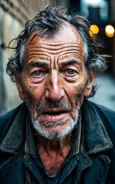 portrait of very old,(150 years old),poor,homeless,tired,man,toothless,open mouth,(intense stare:1.3),in a dirty alley,(headshot:1.2),(face focus:1.1),(facing the camera:1.2),head in the center,slight smile but sad,(facing straightforward:1.2),(forward facing:1.1),face,Head,Head focus,Head tilted