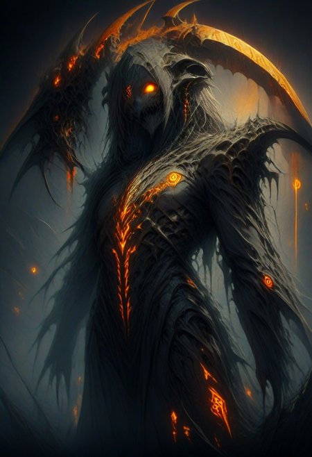 masterpiece, ultra high quality, UHD, HD,midjourneyv6.1, detailxl,
a man with a demon horns, wearing business clothes, holding a scythe , DonM5cy7h3XL , spooky, the scythe  is covered in orange Glowing Runes