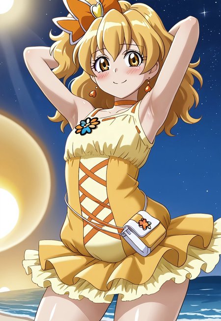 detailed background, shiny skin, posing,
<lora:curepine.pony:1>,
curepine, wide hips, 
high quality, solo, looking at viewer, solo, {contrapposto}, spread armpit, arms behind head, blushing, looking at viewer, cowboy shot, shy, closed mouth, night sky, beach, looking at viewer, best quality, smile,