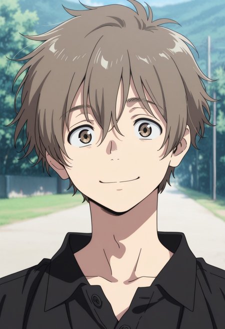 masterpiece,best quality,amazing quality, source_anime, 
shunhashimoto, 1boy, male focus, solo, brown eyes, brown hair, shirt, black shirt, collared shirt, outdoor, smile, looking at viewer, portrait,