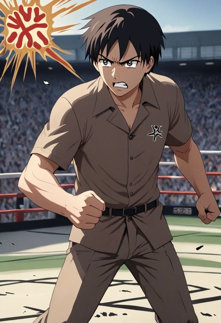 high resolution, solo, best quality, 1Boy, Takaki Toono, Brownish Hair, Brown Eyes, anger, fight, OverallDetail