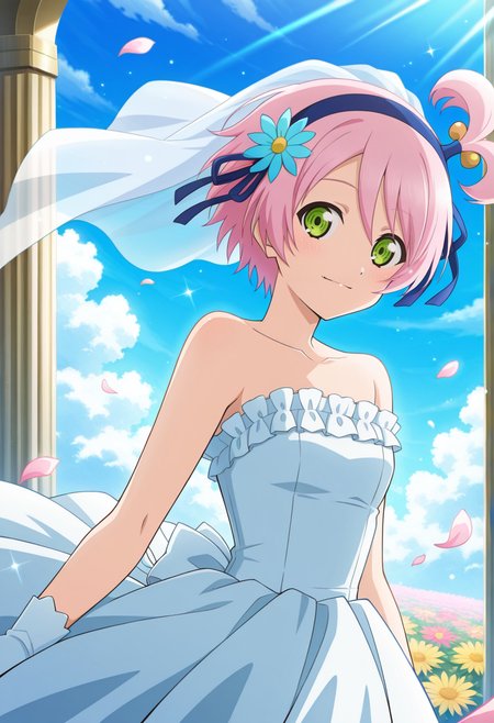 day, cloud, floating petals,
BREAK,
light smile, 
cowboy shot, dynamic angle,
looking at viewer,
BREAK,
<lora:kanonnoEX_illustriousXL_v01:0.9>
kanonnoERnd,
pink hair, short hair, green eyes, ponytail, hairband, bow hairband,
wedding dress, frills, bridal veil,, source_anime, very aesthetic, anime coloring, masterpiece, 
best quality, amazing quality, ultra detailed, very aesthetic, 
detailed background, 
BREAK,