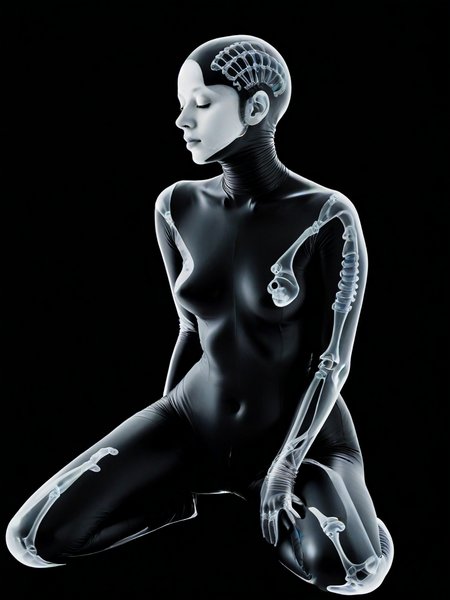woman arms behind head, body leaning forward slightly, legs crossed, thoughtful and relaxed body language, wearing rubber gimp suit, Abnormal, abstract,x-ray art, <lora:DeconDada++:0.7>
