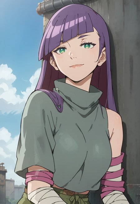 score_9, score_8_up, score_7_up, score_6_up,  1girl,solo, linmei_deca, long hair, purple hair, blunt bangs, green eyes, bandages, light smile, breasts,  outdoors, sky, cloud,<lora:linmei_deca:0.8> <lora:MoriiMee_Gothic_Niji_Style__Pony_LoRA_V2_Alt:0.5> morimee_style,