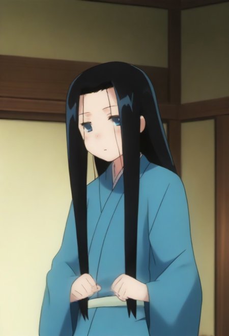 Masterpiece, Top Quality, source_anime, anime screencap, source_anime, auratheguillotine, anime screencap, masterpiece, source_anime, shiny skin,,,,anrakutei, blue_eyes, black_hair, very_long_hair, blue_kimono, long_sleeves, wide_sleeves,