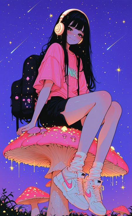 masterpiece, best quality, good quality, newest, highres, absurdres, 1girl, solo, long hair, looking at viewer, blush, smile, shirt, black hair, sitting, full body, short sleeves, outdoors, sky, shorts, shoes, socks, bag, night, black shorts, headphones, white socks, backpack, sneakers, t-shirt, star \(sky\), night sky, clothes writing, starry sky, pink shirt, print shirt, mushroom, ankle socks, nike \(company\), Ethereal Brushstroke,dhjs <lora:illustriousXL_stabilizer_v1.23:0.3> <lora:NOOB_vp1_detailer_by_volnovik_v1:0.3> <lora:ponyv6_noobE11_2_adamW-000017:0.45> <lora:Illustrious:0.15> <lora:MomoSweetSpaceILL:0.75> <lora:XXX667:0.7> <lora:PastelILL:0.8> <lora:dhjs_0010-waiNSFWIllustrious_v110_V1-CAME:0.8>
