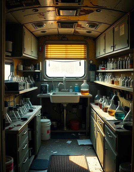 The interior of an old RV converted into a clandestine drug laboratory, inspired by the TV series Breaking Bad. The space is cramped and messy, filled with scientific equipment, glass beakers, flasks, burners, chemical containers, and lab tools scattered around. The walls are aged and stained, with peeling wallpaper and old metallic cabinets. A small sink area is cluttered with dirty lab glassware. The lighting is dim and tinted yellow, with sunlight barely filtering through dusty blinds. The floor is grimy, with a mix of rubber mats and worn carpet. The overall atmosphere is tense and gritty, capturing a sense of secrecy and danger. Hyper-realistic style, cinematic composition, rich in textures and shadows.
<lora:SDXLFaeTastic2400:0.4> <lora:extremely_detailed:0.4> extremely detailed,<lora:old_RV_drug_l4b0r4t0ry:1>,old RV drug l4b0r4t0ry, Masterpiece,best quality,hi res,8k,hi res,8k,award winning,(sharp focus, intricate, highly detailed),
