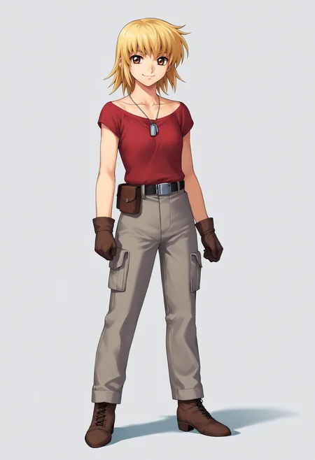 score_9, score_8_up, score_7_up, score_6_up, score_5_up, score_4_up, BREAK, source_anime,
1girl, cagalli, blonde hair, brown eyes,
red shirt, grey pants, belt, dog tags, gloves, boots
standing, full body, smile, looking at viewer, solo, simple background, white background    <lora:CagalliYulaXL:1>
