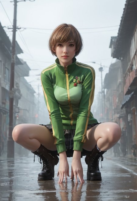 realistic, photorealistic, Expressiveh, score_9, score_8_up, score_7_up, 
chiedef, brown hair, short hair, brown eyes, track jacket, badges, skirt, houndstooth, bike shorts, untied work boots,
n1nj4 squat, solo, source_anime, in the fog, silhouette, small Japanese village, Reflections,
