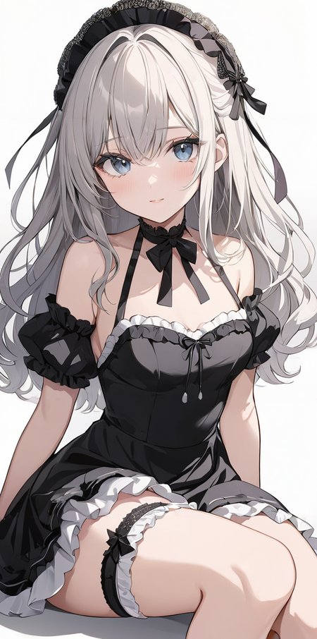 masterpiece,ultra-detailed,best quality,8K,illustration,cute face,clean skin ,shiny hair,girl,ultra-detailed-eyes,simple background, <lora:add-detail-xl:1>  <lora:garter ring_XL_V1.0:0.7> garter ring, thighs,dress,sitting
