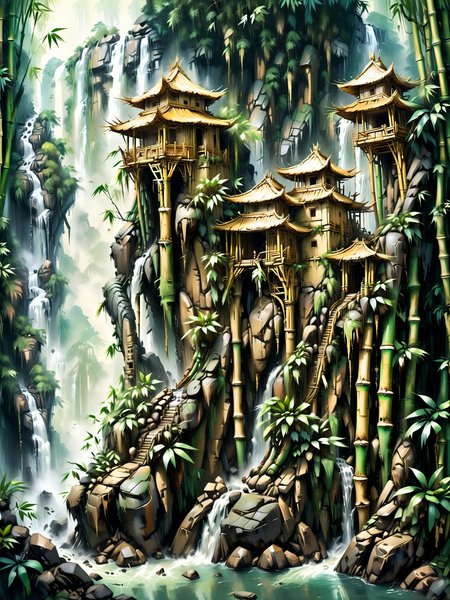 fortress made of Jed-Bmbrts  on a cliff next to a huge water fall in the jungle, og, haze, lightray, <lora:BambooRootsStyle:1>  <lora:xl_more_art-full_v1:1>   <lora:Retro_Illustration:0.6> 2d game scene, oil and watercolor painting, (masterpiece:1.2), best quality