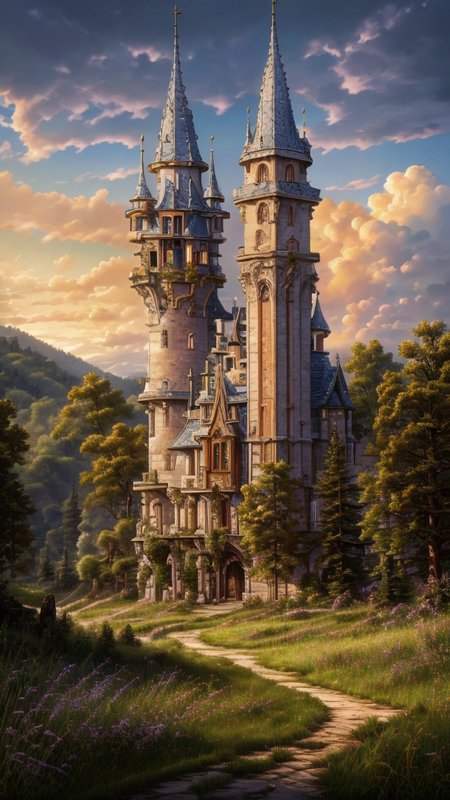 Masterwork Painting, Magnum Opus, 
 <lora:Wizard_Tower:0.75> witow, castle, cloud, cloudy sky, grass, no humans, scenery, sky, tower, tree, <lora:Fantasy_Mountains:0.75> fanmou, footprints, forest, grass, nature, no humans, outdoors, sky, tree,
  highres, 8k, uhd, High Dynamic Range, tonemapping, crisp details,  intricate details, fine details