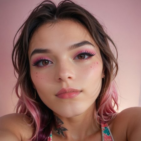 (aerial perspective), The image features a person with intricate asian face tattoos, wearing a brightly colored, patterned outfit, and accessorized with vibrant, multi-colored jewelry. The overall color scheme is dominated by shades of pink and blue, giving it a striking and artistic appearance,