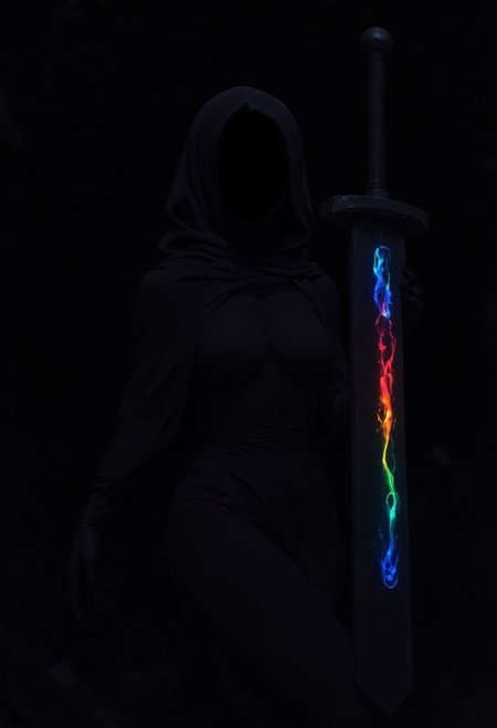 An anime-style close-up of a seductive female embodiment of Death, draped in a long, flowing black robe that clings to her curvaceous figure, accentuating her alluring silhouette. The fabric cascades like liquid shadow, merging with the surrounding darkness. She wields an impossibly huge sword, its blade glowing with neon luminescence, casting vibrant reflections that dance across her form and faintly illuminate the void. Her face is a pitch-black void, but a wicked, playful grin is revealed by the swords glow—sharp, seductive, and hauntingly vivid. The atmosphere is both ominous and irresistibly captivating. High detail, cinematic composition, dramatic lighting.
