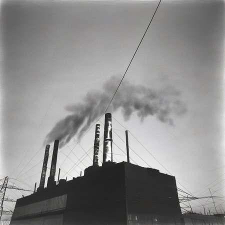 industrial landscape, black and white photograph of a factory, thick white steam coming from several pipes, power line supports, black and white photograph of a factory, industrial park landscape broken windows, forbidden, industrial