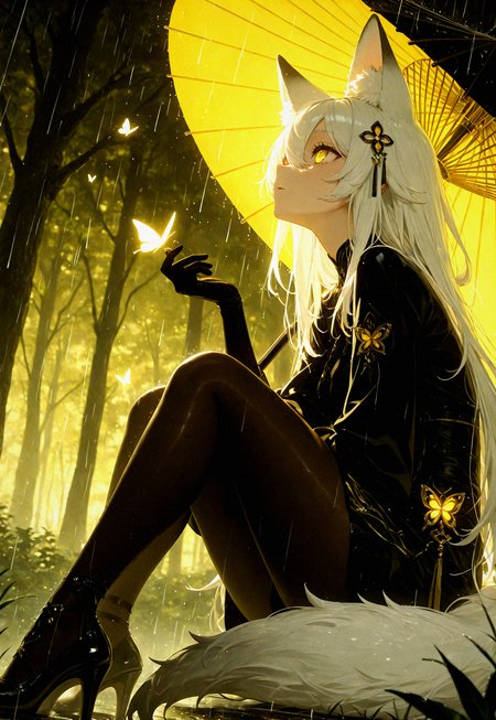 masterpiece, best quality, amazing quality, very aesthetic, absurdres, newest, (Perfect details), (****), very awa, detailed lighting, cinematic depth, 1girl, solo, long hair, hair ornament, gloves, holding, animal ears, hair between eyes, sitting, tail, yellow eyes, white hair, pantyhose, outdoors, black footwear, black dress, high heels, animal ear fluff, fox ears, fox tail, glowing, umbrella, fox girl, looking up, bug, butterfly, nature, forest, rain, holding umbrella, oil-paper umbrella, yellow theme