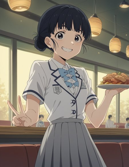 score_9, score_8_up, score_7_up, source_anime, <lora:tiara-basori-s1-ponyxl-lora-nochekaiser:1>, tiara basori, bangs, black hair, hair bun, black eyes, single hair bun,, skirt, shirt, bow, school uniform, white shirt, short sleeves, grey skirt, pleated skirt, bowtie, blue bowtie, blue bow, blazer,, restaurant, laughter, good food, warm lighting, celebration, smile, , v,, solo,, cowboy shot, dutch angle