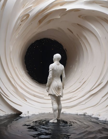 by Nicolas Delort, by Marco Mazzoni, by Antonio J. Manzanedo, a dark silhouetted figure standing in front of a white maelstrom wormhole in an otherworldly surreal dreamscape, white, ivory, breathtaking, eerie, ethereal, in the (style ofSocial Sculpture:1.6), limited dark color palette, unusual colors, highly dramatic volumetric lighting
<lora:xl_more_art-full_v1:0.5>