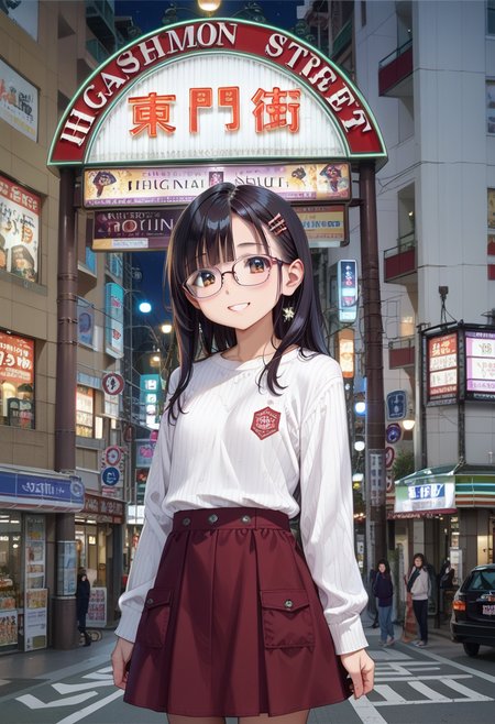 score_9, score_8_up, score_7_up, rating_safe, masterpiece, best quality, absurdres, unity 8k wallpaper, official art, official style, source_anime, uncensored, game cg, megami magazine,
1girl, solo, glasses, black hair, long hair, white ribbed sweater, skirt, happy, smile,
higashimon, scenery, night, road, city, street, car, sign, neon lights, real world location, outdoors, building, lamppost, shop, cityscape, sky, crosswalk, night sky
 <lora:sannomiya_higashimon_pony_V1:1>