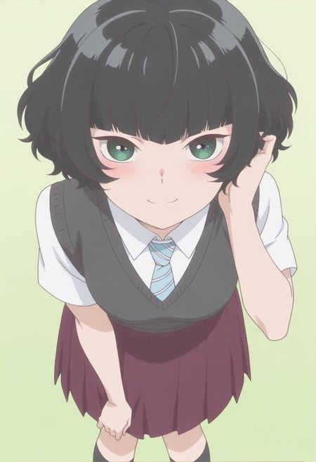 anime screencap, anime coloring,   <lora:DX888Hitoha:1> hongou hitoha, green eyes, black hair,short hair, blunt bangs, BREAK school uniform, white shirt, striped necktie, sweater vest, skirt, socks,  BREAK simple background,  green background, BREAK  1girl, blush, hand in own hair, leaning forward, looking at viewer, smile, solo,