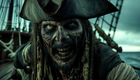 A movie film still of A handsome zombie pirate with a weathered face and a wide-brimmed hat, standing in very dark lighting that highlights the shadows and contours of his expression, enhancing his rugged and intense demeanour. out on the deck of a pirate ghost ship on a moonless night, swinging a cutlass sword at the camera attacking, with an evil grin on his face. 4k , 8k ,UHD, blind white eys.