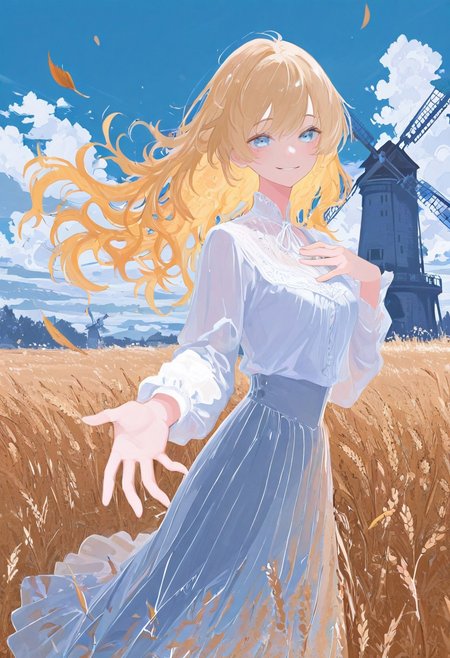 masterpiece, best quality, good quality, very awa, newest, highres, absurdres, 
1girl, solo, long wavy golden hair, sky blue eyes, white blouse, soft flowing skirt, hand on chest,hand reaching out,toward viewer, smiles,, smiling freely, blue sky with fluffy clouds, gentle breeze,grassy hilltop
, cloudy sky, falling leaves, wheat, windmill, limited palette, h4ra_illu <lora:illustriousXL_stabilizer_v1.23:0.3> <lora:NOOB_vp1_detailer_by_volnovik_v1:0.3> <lora:ponyv6_noobE11_2_adamW-000017:0.3> <lora:114558v4df2fsdf5:0.7> <lora:XXX667:0.4> <lora:mon_monmon2133:0.7> <lora:hara_id_21:0.6>