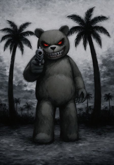 lukch, painting_\(medium\), no humans,
teddy bear, holding revolver, aiming at palm tree, evil grin, sharp teeth,
[detailed background],
high quality, highres, faux traditional media, traditional media