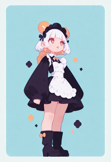 masterpiece, best quality, amazing quality, absurdres, newest, 1girl, solo, 
white hair, bobcut, pastel cyaneyes, blunt bangs, 
tight gossamer very short victorian black maid dress, maid apron, small breast,
simple herbal patterns in aqua  background with thick white border,
subtle fangs peeking out from slightly parted lips, tongue loosely hanging out, distant gaze, emotionless look, (dazed, drooling), 
BREAK,
popping out of background, full body, from below, heroic pose, strong wind, 
dynamic pose, 
 skinny upper body, white short high heel boots,
 [skinny upper body], translucent skin, [[chubby thick legs]], bottom heavy,
 thick eyelashes, white long eyelashes, 
ultra-realistic, Flatline, Flat vector illustration, haiz_ai, no lineart, no outline,
pplegs,  
<lora:haiz_ai_illu:0.8> <lora:flatline:1.65>  <lora:ponyv6_noobE11_2_adamW:0.25>  <lora:Slider-LimbWidth:1.75> <lora:Slider-LegLength:-1.5>  <lora:v0.04_Concept_pony:0.66>
