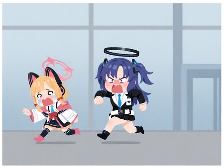 yuuka \(blue archive\), running,
BREAK
escape,momoi \(blue archive\), panicking, crying, 
 <lora:irasutoya:1.3> no_lineart,