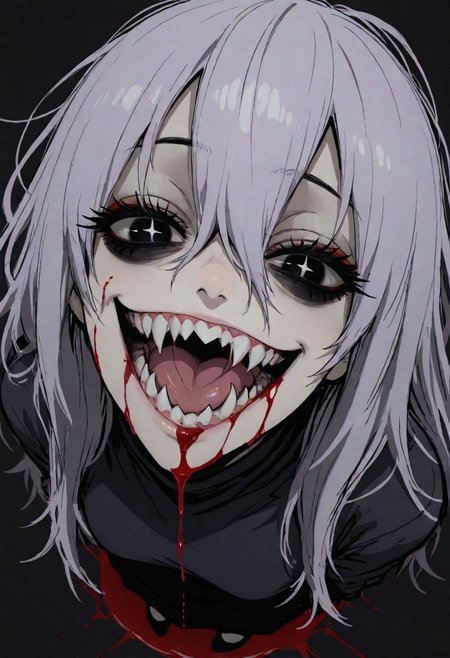 black eyes, bags under eyes,    
big eyes,  (black eyeshadow:0.8),  thick eyelashes, 
from side, simple background, dark night background, 
looking at viewer, looking down, (wild, crazy smile:1.2), solo, 1girl, full body, perspective, (sharp teeth:1.2), dark red liquid on face, half-closed eyes, + +,  dark red eyeliner, pale purple hair,
masterpiece, best quality, amazing quality,
dark messy sketch, messy lineart, unfinished,
(horror \(theme\),:1.2)