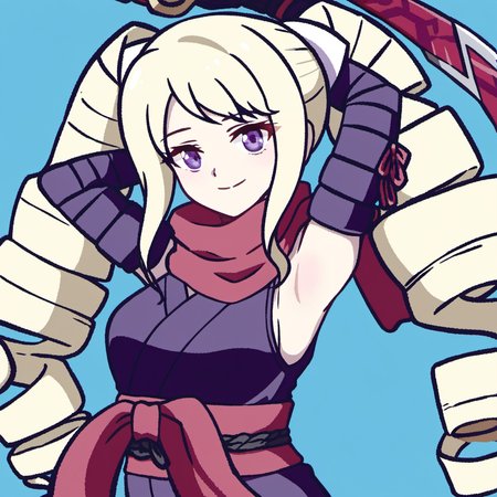 1girl, elise (fire emblem), elise (ninja) (fire emblem), by kodoto, armpits, blonde hair, closed mouth, drill hair, kuji-in, looking at viewer, ninja, official alternate costume, purple eyes, red scarf, scarf, scroll, shuriken, smile, solo, twin drills, weapon