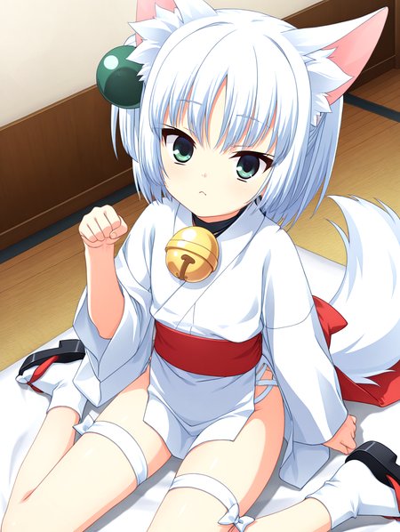masterpiece,best quality,newest,absurdres,highres,detailed eyes,beautiful,detailed background,perfect eyes,anime coloring,anime screencap,
<lora:add-detail-xl:1>,<lora:ponyv4_noob1_2_adamW-000017:0.8>,wear clothes,
1girl,solo,
looking at viewer,
<lora:æãç«+å°å¤:1>,chibi cat girl,(other paw hugging oval-coin),one paw pose,sitting on cushion,
<lora:il-ruri-tenshin-rurikami:1>,il-ruri-tenshin,1girl,rurikami outfit,solo,silver hair,japanese clothes,feather tied on green_spherical is hair ornament,miko,short hair,animal ears,green eyes,white wrap-style japanese clothes with visible skin,black neck bell,red colth with back bow around waist,large bell tied on cloth end,waist bowtie removed,oversized white kimono sleeves,exposed thighs,white thigh strap one side,short white fudonshi,fluffy tail,black sole geta with white socks,