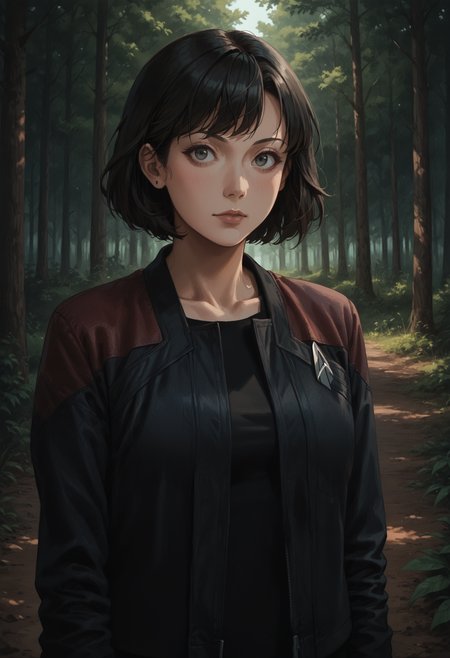core_9, score_8_up, score_7_up ,score_6_up, 1girl,scenery,black hair,asian,short hair,bangs,forest,
pcdjck,Star trek jacket,red shoulders,black shirt,collarbone
,<lora:PicardJacketPony>