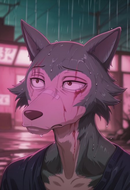 masterpiece, best quality, amazing quality, 
Legoshi, anthro, wolf, beastars, scar on right brow, mature male, animal ears, grayish blue fur, brown eyes, skinny build,
(messy fur:0.8), wet, bruise, scratches, injury, portrait, bandaid on nose, upper eyelid half closed, sad, 
blurry background, pink lighting, night, dark, pink theme, blood on face, rain,