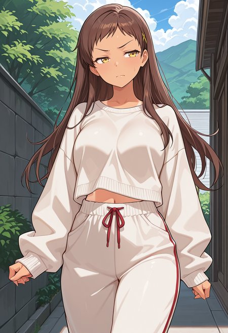 masterpiece,high quality details,
outdoors, 
<lora:Sayama_Chie:0.8>
chie_cnr, 1girl, brown hair, long hair,yellow eyes, tan, tanlines, hairclip,(aged up:1.2), (mature female:1.1),, nervous,scowl,, oversized sweater ,cropped shirt,track pants, ,fluffy legwear,