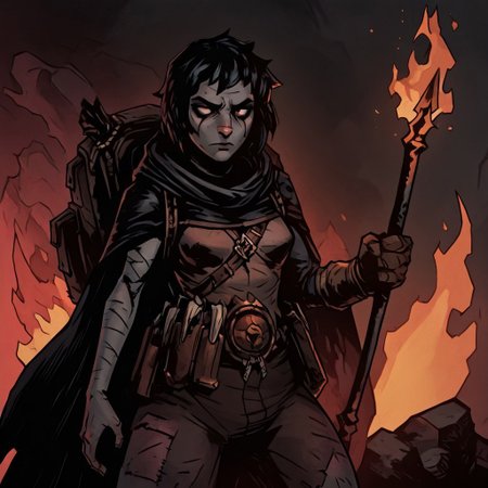 masterpiece, best quality, newest, absurdres, highres,  
TTCSV1.0, arbuz_budesh,
1girl, DDRAW-V1.0, cape, black hair, short hair, small breasts, backpack, rags, weapon, holding weapon, fire,