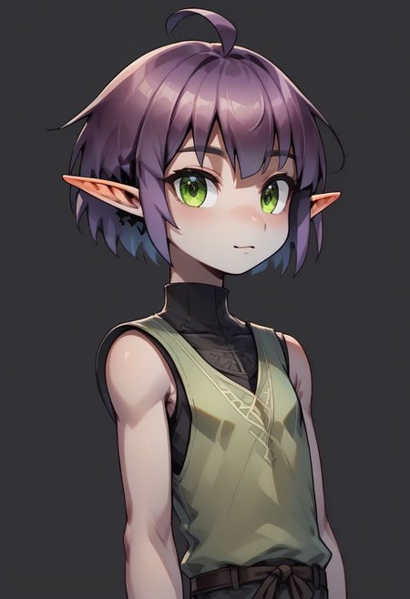 ASCIILapanya, 1 person, solo, pointy ears, ((snout nose)), flat chest, small nostrils, short stature, skinny arms, ((hazel irises)), fair skin, ((dark lilac hair)), short hair, tomboy haircut, small nostrils, 3 fingers 1 thumb ((Sleeveless green vest, fitted black undershirt, black pantaloons, fully clothed))
Forest background, fully clothed, 
clean lines, up close, upper body focus, highly detailed face, high quality, best quality,  score: 9, score: 8 up, rating: safe