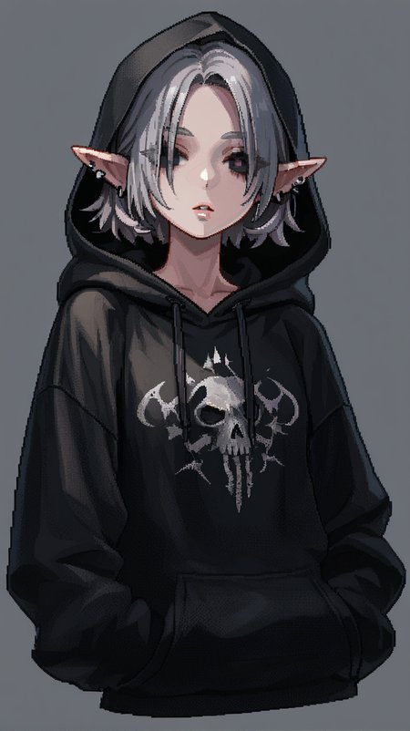 1girl, solo, looking_at_viewer, short_hair, bangs, simple_background, upper_body, grey_hair, parted_lips, pointy_ears, hood, grey_background, black_eyes, hoodie, piercing, elf, ear_piercing, hood_up, cropped_torso, black_hoodie