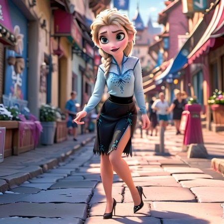 femme 40 ans, blonde, tresse, yeux bleus, solo, taille fine, jambes fines, type asiatique, disney, anim, frozen, pumps, hight heels 15 cm, collants noirs, mini-jupe noire, blouse blanche, blouse dans la jupe, marche,