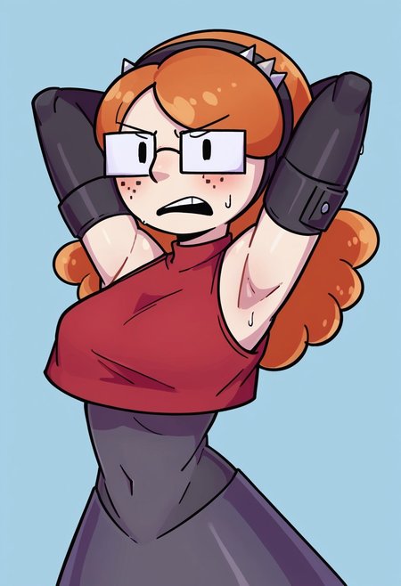 score_9, score_8_up, score_7_up, , 1girl, solo, robobuddy, square glasses, robot arms, skinny, freckles, round breasts  black dot eyes, orange hair, black headband, blue background,, blushing,, shy, angry, nsfw, red croptop, hands behind head, sleeveless, sweaty armpits,