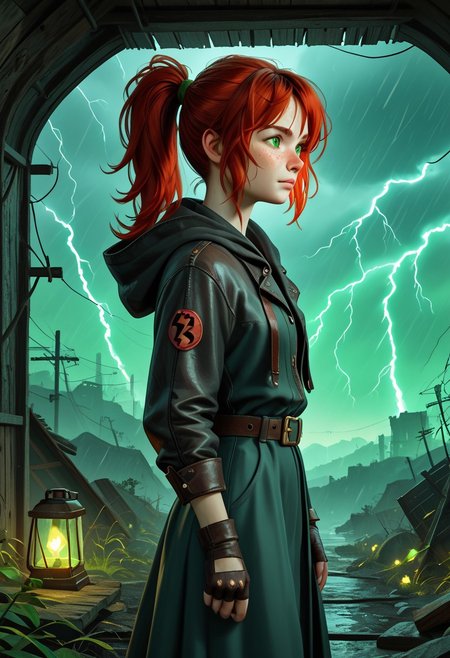 1girl, Masterpiece, 8k, ultra high detail, score_7 up, 
volumetric lighting, vivid colors, vibrant colors,  score_8_up, score_9,  small breast size, sporty red ponytail hair,  fcNeg, stunning green eyes, freckles, white skin, small nose, innocent beauty, slim face,  cute face, skinny body, perfect body, extreme detailed body, intence green eyes,  perfect face, ultra high detailed face, perfect eyes, petite, 
Face fokus, fokus on face, 
Leather wasteland warrior clothes, dark tattered cloak violently thrashing, dark long torn cloak with hood down, dark hood down, 
w4stel4nd3r, fingerless gloves, belt, 2 different leather long skirts,  
d3t41l3d, zPDXL3, 
 Post Apocalyptic landscape, radioactive Storm, green lightning, taking shelter, heavy rain, 
Inside a ruin, looking outside, Sideview,