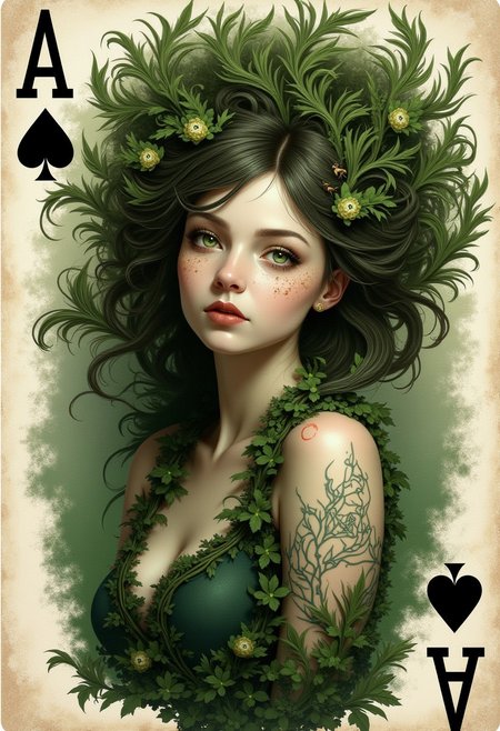 Playing card design, with 1 card. pick at random a single ACE card of 1DIAMOND, 1SPADE, 1HEART, 1CLUB. text "A" in top left of the corresponding card. text "A" upside down in bottom right corner of the corresponding card. in the middle of the card is a randomly different Dryad woman. each woman has random green, brown, black, red, blonde, hair. cards are of normal proportions.
Dryad woman features stay inside the limit of the card frame.
Each dryad woman has these features: petals. tree. green emerald eyes. dryad. monster girl. bugs. hair ornament. floating hair. plant girl. tree spirit with light skin. almost melancholic undertone. fair porcelain skin.
high definition detail. glamorous women art. photo-realistic. featuring woman with striking pose. giving impression of tranquility or possibly a dreamlike state. 1900s photo deep field vignette antique-style effect.