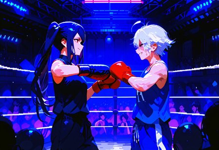 (2girls, multiple girls, upper body, facing another, side view, fistbump, smirking, sly smile:1.2), spotlights, boxing match, (in a boxing ring,(drunk, wasted), BREAK jill stingray, twintails, dark purple hair, sweatpants, sports bra, black pantyhose, BREAK dana zane, mechanical arms, single mechanical arm, white hair, ahoge,
score_9, score_8_up, score_7_up, source_anime, cheering crowd, audience, neon lights, red theme, purple theme, boxing gloves, d3p1x3l, pixel art,