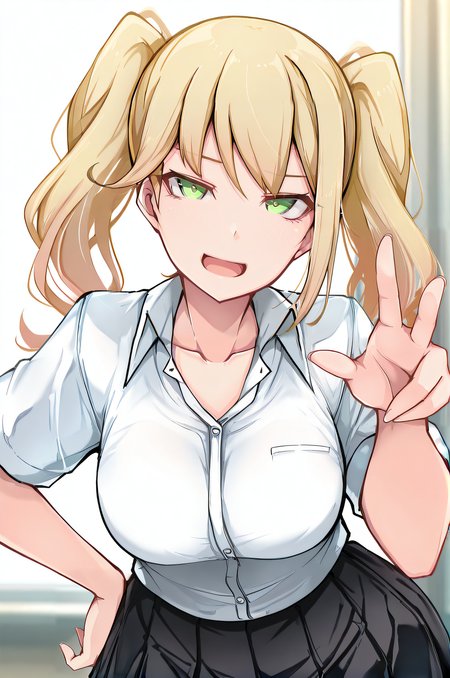 masterpiece, best quality, highres, newest, 1girl, solo, official style,  <lora:Katenai_Ko:1>, katenaiko, blonde hair, twin tails, green eyes, medium breasts, white shirt, school uniform, collarbone, black pleated skirt, looking at viewer, smile, indoor, cowboy shot, hand on hip, five fingers, open mouth, five fingers
