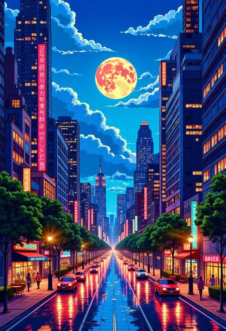 a vibrant and whimsical cityscape at dusk, set against a backdrop of a serene and radiant moonlit sky, with towering skyscrapers, bustling streets, and twinkling city lights that reflections off the wet pavement, captured in a stylized illustration style with bold lines, geometric shapes, and a kaleidoscope of colors, featuring a fusion of modern architecture, vintage flair, and futuristic elements, with subtle textures and intricate details, all harmoniously blended to create a visually striking and mesmerizing wallpaper, perfectly sized and proportioned for an iPhone case, with a sense of movement and energy that invites the viewer to step into the enchanting urban landscape.