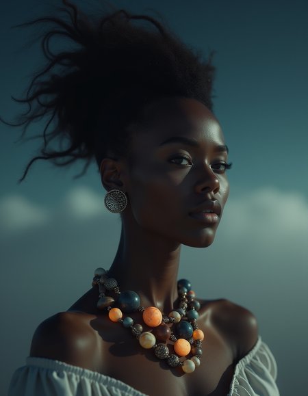 Mysticism. The concept. Surrealism. An allegory. Complex multidimensional super-detailed visualization.

Dark. Waist portrait. A proud dark-skinned goddess with her hair arranged in a high traditional Moroccan hairstyle looks at us with intelligent dark brown eyes. Simple but elegant clothes, (a necklace around her neck from many different planets of the Solar system, which glow with a faint mysterious glow). There is a gradient dark sky with clouds in the background, and stars in the black sky above.


mysterious face, an exotic woman in artsy clothing, fading backlit background,  clear scene, Lengthened Rectangular Face with Noticeable Jaw and Cheekbones, Clean, Straight Eyebrows, Wide-Set Close-Set Eyes, Majestic Aquiline Nose, Full Lips, windswept (Fine) (stylish short hair:1.3), (looking at viewer), , (shiny skin), diaphanous white dress, high neckline on dress, (foggy:1.2), (bathed in thick fog:1.4), (half-obscured:1.1), (Close up:1.2), Dutch Angle), (dynamic composition:1.2), (shallow depth of field:1.2), bright lighting vibrant, in the style of (Ansel Adams:1.3) (Rule of thirds:1.1)

spectacular lighting, unimaginable quality,  impressive lighting, analog photography, cinematography, unimaginable quality, 8K, UHD, low saturation, detail, 









