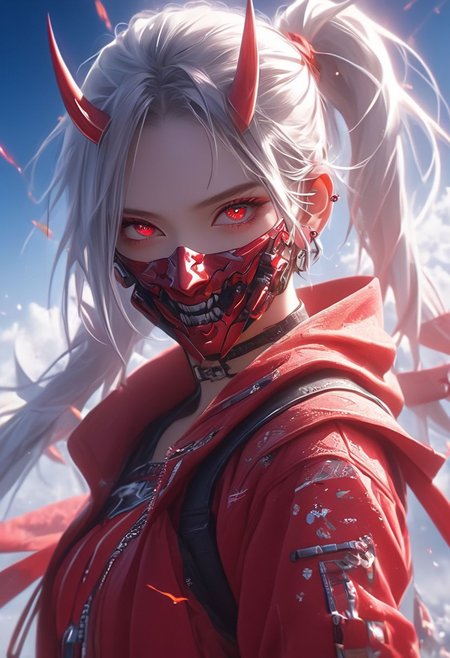 WLOP art style, Digital painting style visual effects, real humans, (Korean girl),  ((((folded double pigtails)))), looking at the audience, female, ((With straight one pair Oni Horns on On the forehead)), (((solo))), Innocent eyes and smile, white hair, short hair, (fluffy very short (spiky pigtails)), ((abs)), ((((navel exposed)))), (Face mask), ((abs)), ((((navel exposed)))), black short Hoodie, red long-sleeved top, tight denim hot pants, long legs, clear face, ruby ​​red eyes, holding a gun, gun in hand, looking up, bright eyes, clarity, movie shot, (full body), complex Details, 8k post-production, faithful and colorful movies,