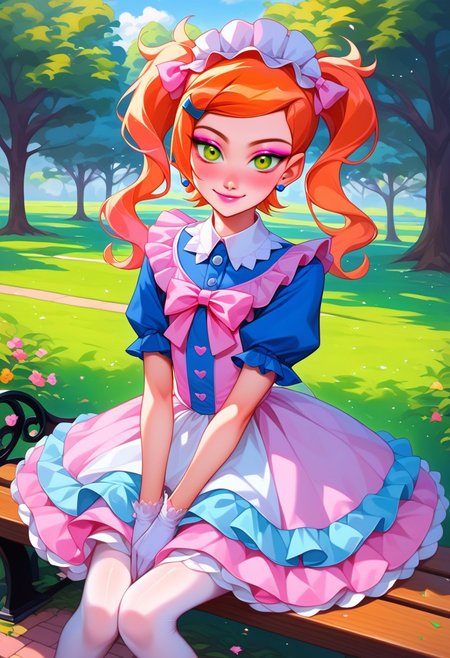 score_9, score_8_up, score_7_up, source_anime , 1girl, gwen tennyson (/Ben10)/, (ultra HD quality details), bright orange hair, pastel hair, long twintails, girly twintails, hair bows, multiple hair bows, very long hair, gradient hair, multicolored hair, pastel streaked hair, masterpiece, best quality, absurdres, 
(pastel theme, lolitafashion:1.2), pastel lolitafashion, sweet lolitadress, pink shiny lolitadress, victorian dress, kawaii, cute, moe, puffy pink dress, petticoat, puffy sleeves, pastel colors, pastel pink, pastel blue, frilled bell skirt, pastel pantyhose, pastel dress, puffy sleeves, gloves, pastel headdress, many bows, multiple bows, ribbons, frills, frilled fabric, center frills, sparkles, glitter, cute lolitashoes,
lipstick, long eyelashes, eyeshadow, eyeliner, mascara, blush, pastel makeup,  
outdoors, nature, park, park bench, 
(solo:1.2), sitting, on bench, full body, dynamic pose, dutch angle, looking at viewer, v arms, half-closed eyes, happy smile, closed mouth,
intricate, highly detailed, majestic, shallow depth of field, movie still, circular polarizer